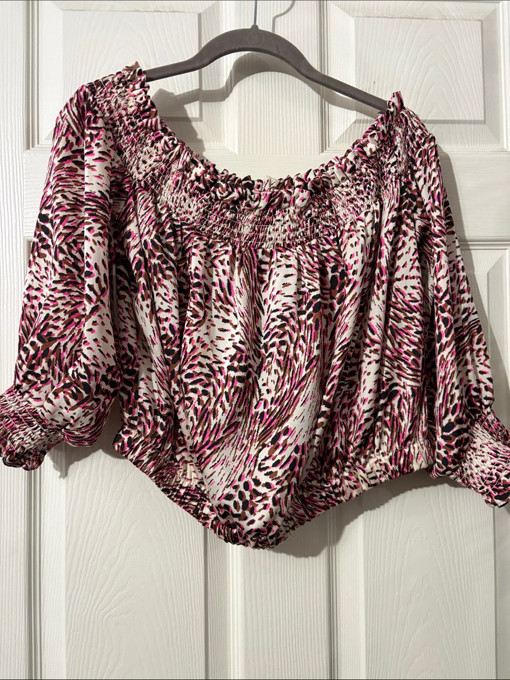 Express Pink and Black Animal-Print Off-Shoulder Crop Top